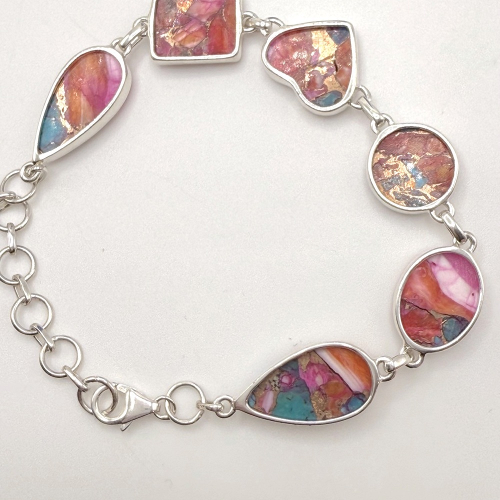 Pink Oyster Turquoise .925 Sterling Silver Bracelet - Picture 16 of 16